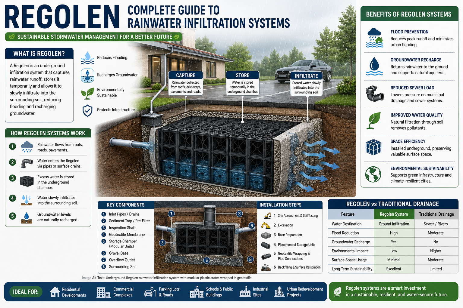 Underground Regolen stormwater infiltration system with modular plastic crates and geotextile membrane