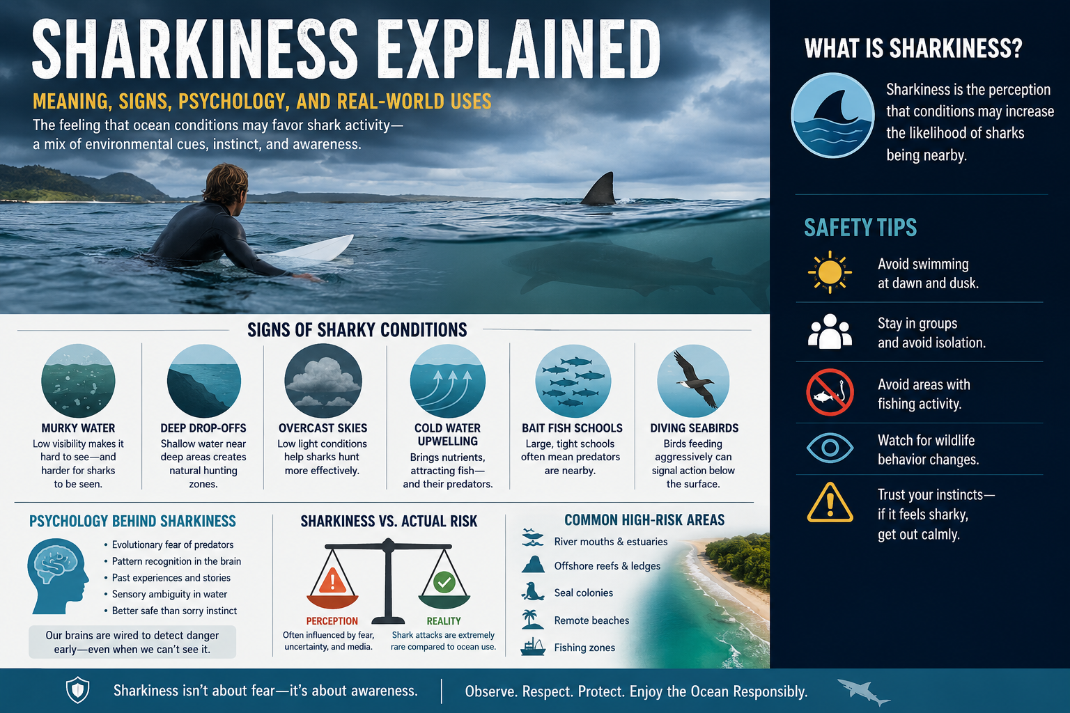 Surfer sitting on board in murky ocean water showing sharkiness conditions
