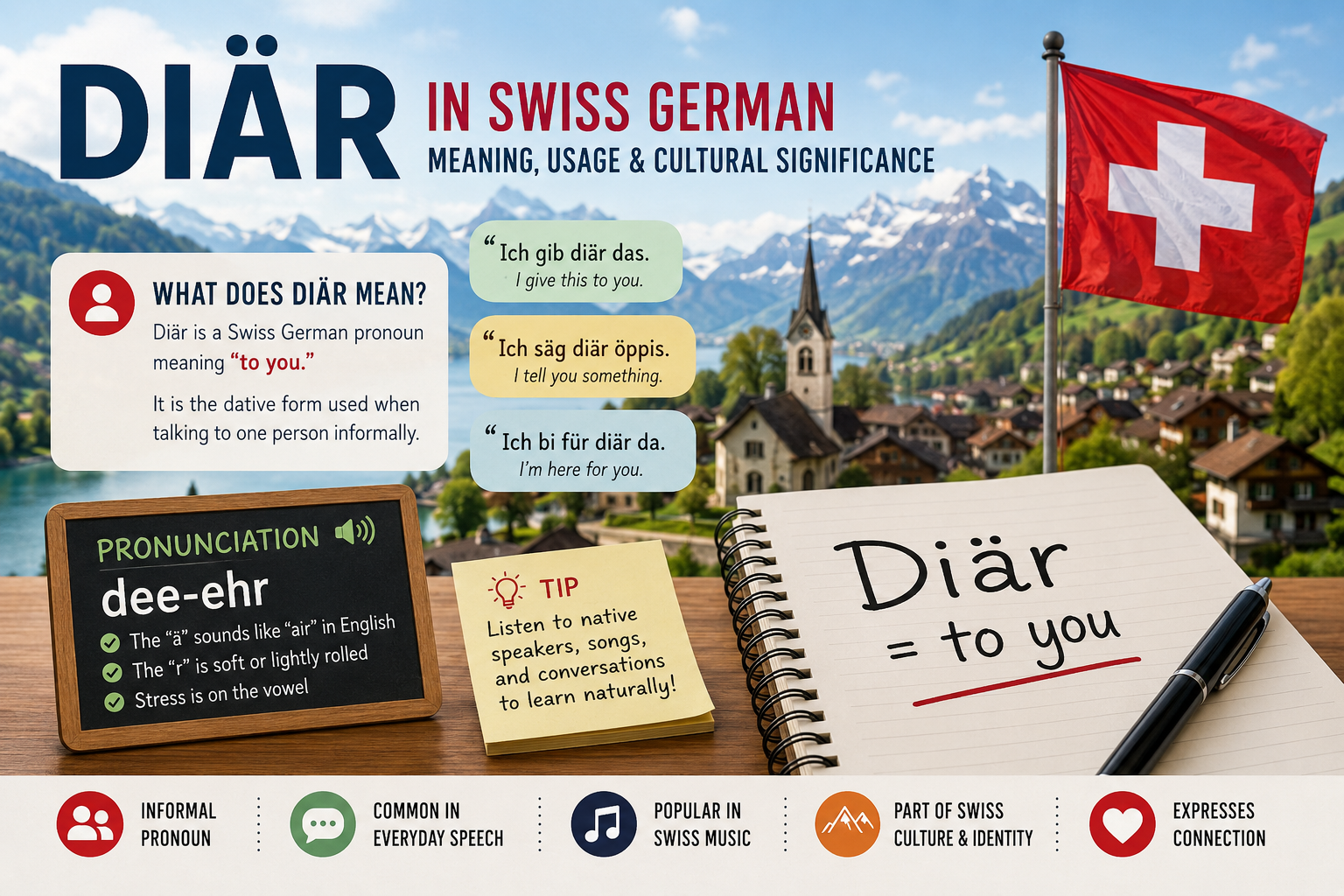 Swiss German dialect word Diär written on a notebook beside language learning materials