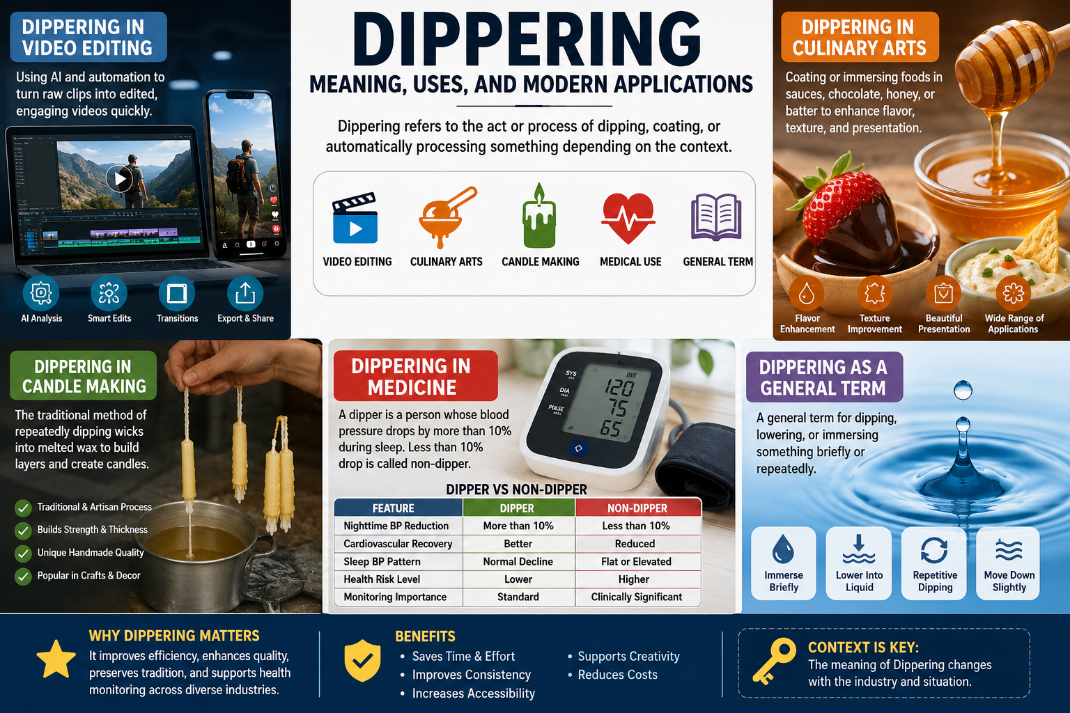 Dippering process showing honey dipping, candle wax dipping, and AI video editing workflow