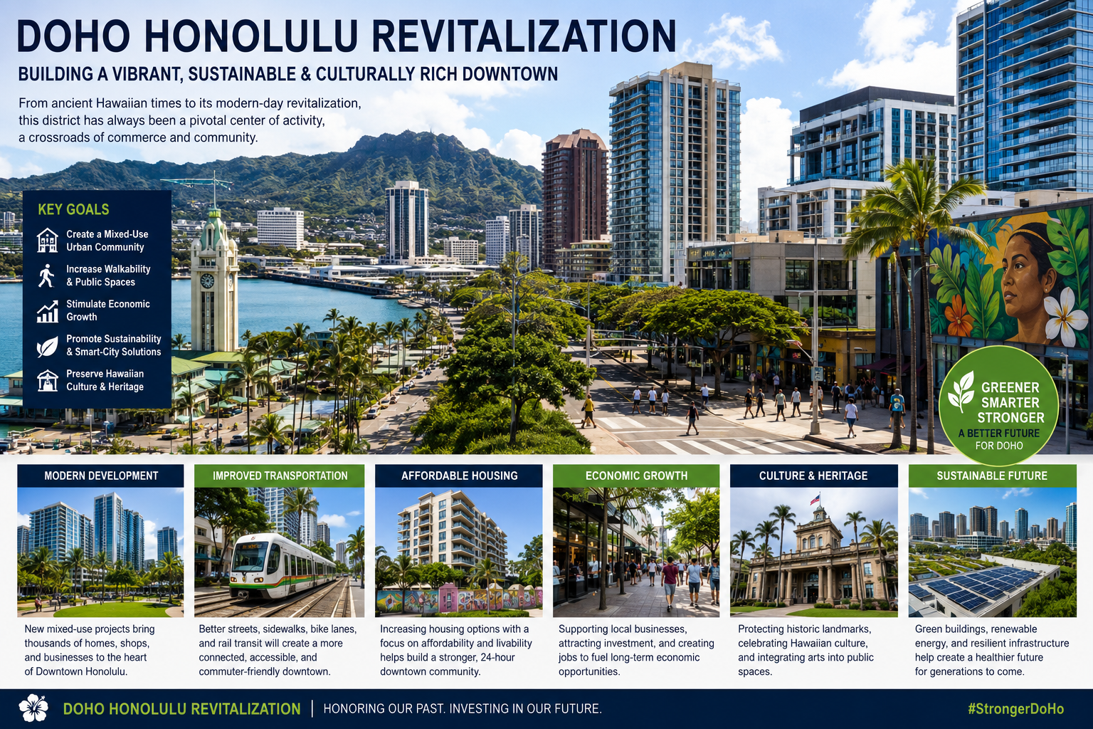 DoHo Honolulu Revitalization showing Downtown Honolulu skyline, mixed-use developments, and pedestrian-friendly streets