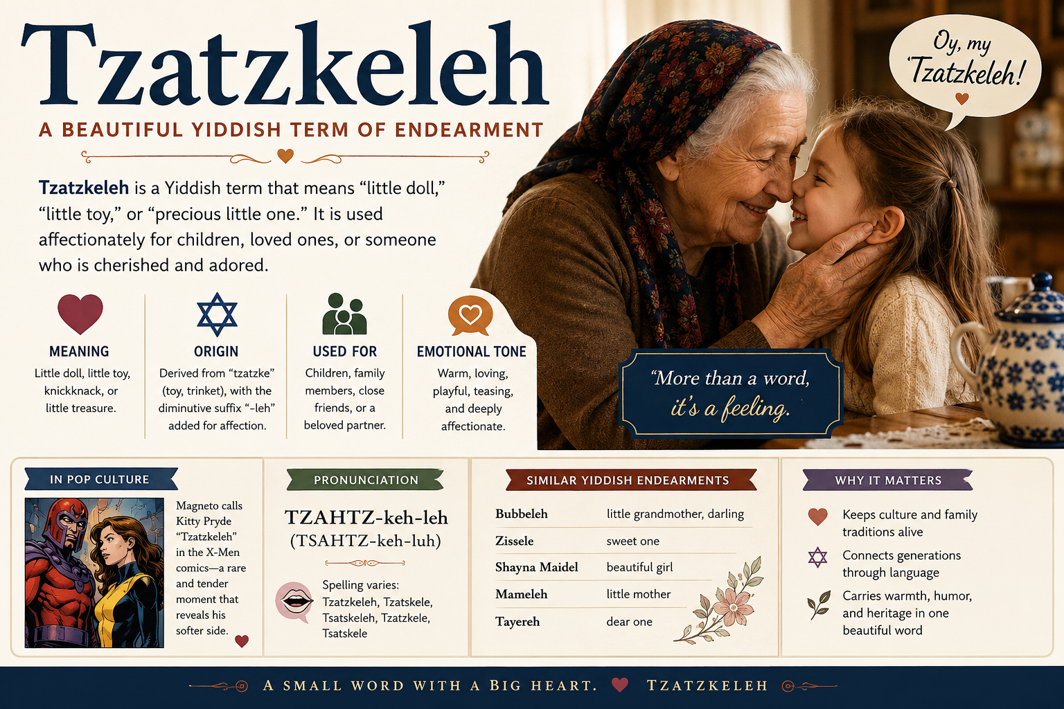 Grandmother affectionately calling her grandchild Tzatzkeleh in a traditional Jewish family setting