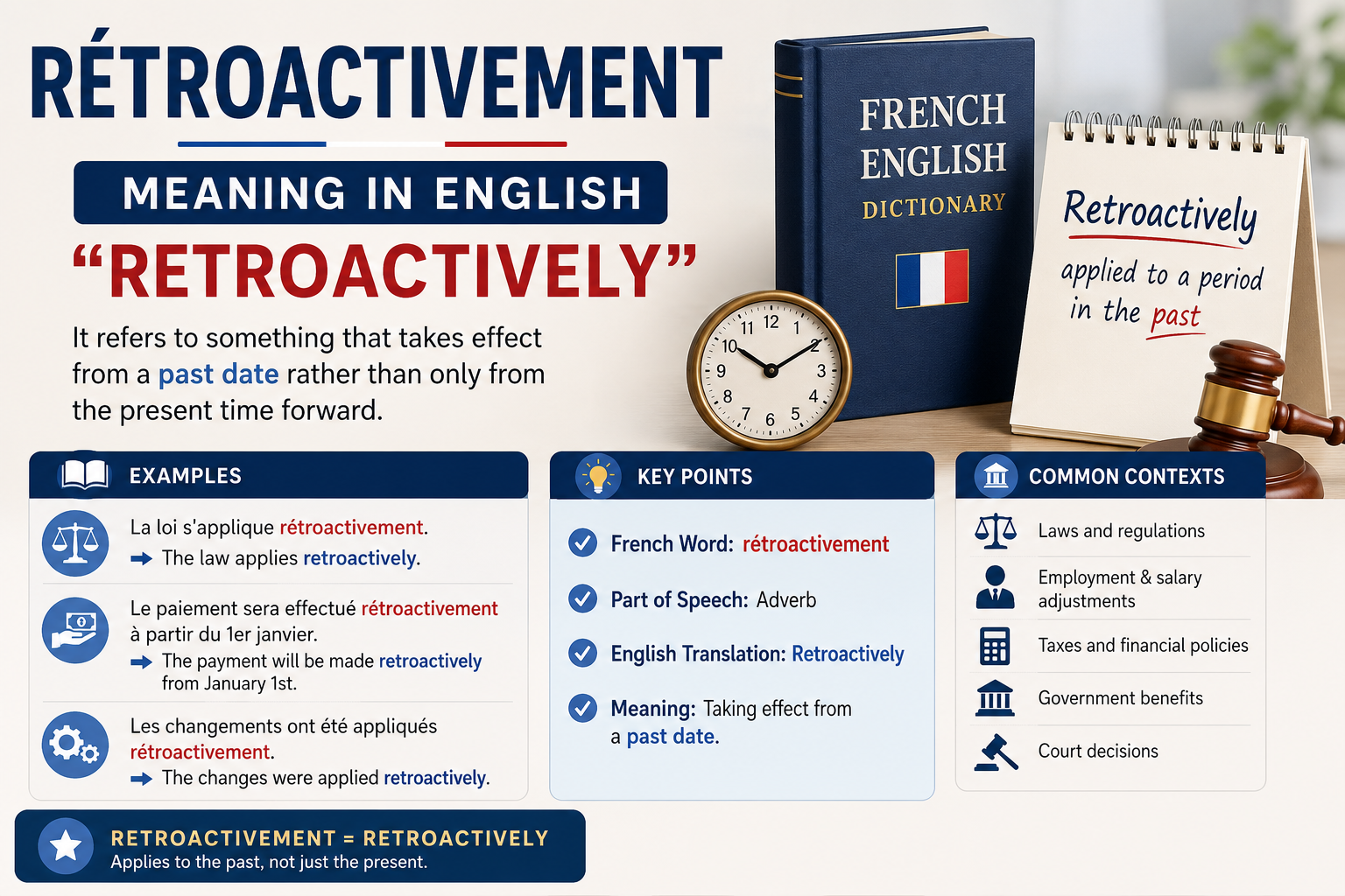Retroactivement meaning in English illustrated with legal documents, salary back pay calculations, and retroactive law examples.
